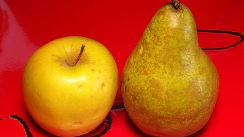 Eine gelbe Apfel und eine grüne Birne liegen nebeneinander auf einer roten Unterlage und präsentieren sich frisch und einladend.