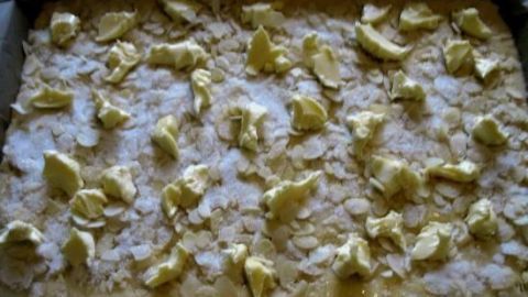 Der Zucker-Butter-Kuchen liegt in einer Backform, frisch vorbereitet mit einer goldenen Butter-Schicht und Zucker.