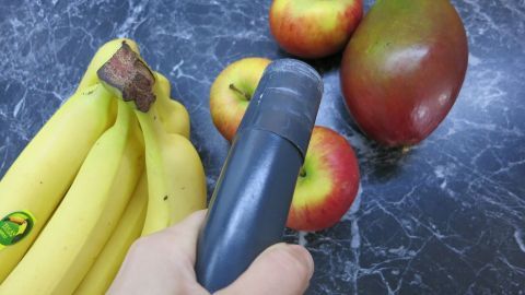 Obstfliegen kann man auch mit dem Staubsauger einfach absaugen. Eine Hand hält einen Staubsauger, der auf Äpfel und eine Mango auf einer Tischoberfläche zielt, um Obstfliegen zu entfernen.