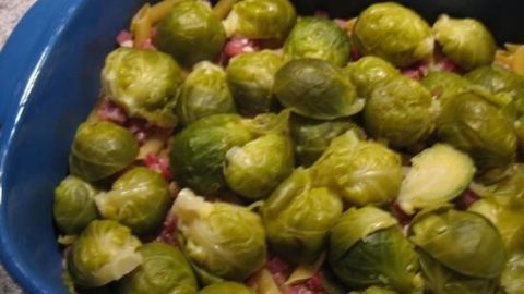 Ein Gratin mit Nudel-Rosenkohl und Schinken, frisch in einer blauen Auflaufform angeordnet, bereit zum Backen.