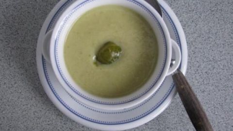 Eine cremige Rosenkohl-Cremesuppe in einer weißen Schale mit einem Löffel liegt auf einem grauen Tisch.
