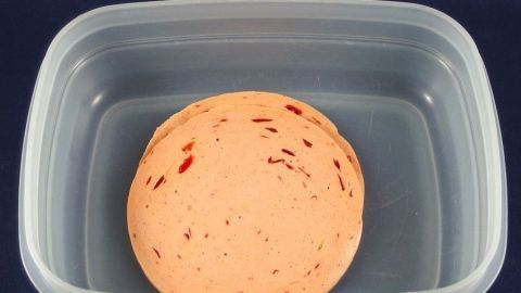 Eine runde Wurst liegt in einer durchsichtigen Plastikschale, umgeben von Wasser zur Konservierung.