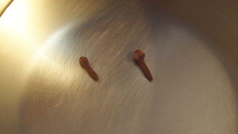 Zwei Gewürznelken liegen auf der glänzenden, metallischen Oberfläche eines Kochtopfs, bereit zur Beseitigung von Gerüchen.
