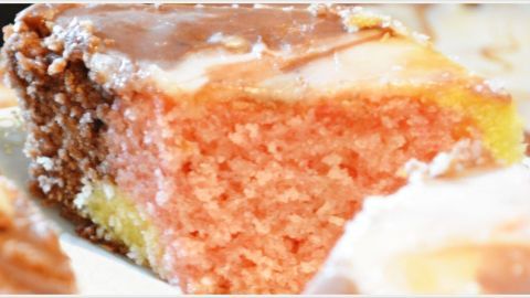 Ein Stück Papageienkuchen liegt auf einem Teller; der Kuchen zeigt bunte Schichten und ist mit Schokoladenglasur bedeckt.