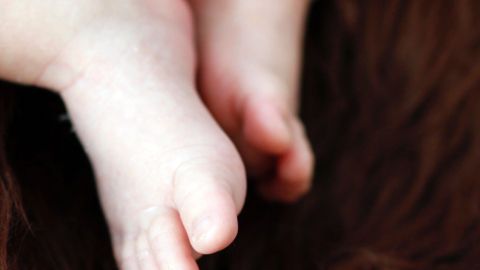 Babyfüße ruhen sanft auf weichem, braunem Hintergrund. Sie sind nackt und entspannt, was Wärme und Geborgenheit ausstrahlt.