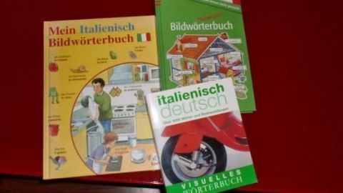 Drei Lehrbücher liegen auf einem Tisch: eines mit Bildern für Sprachen, eines über das Lernen und ein weiteres über Italienisch.