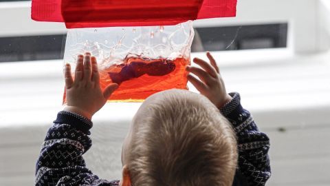 Ein Baby betrachtet fasziniert eine durchsichtige Wassertüte mit roter Flüssigkeit, die an einem Fenster hängt.