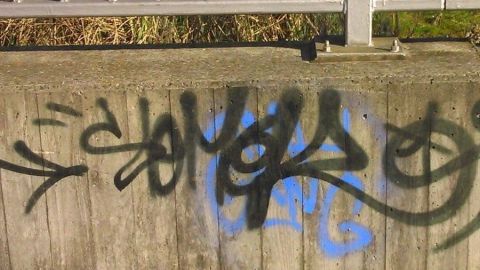 Graffiti schmückt eine Betonmauer, während ein Zaun im Hintergrund die Umgebung von urbanen Elementen trennt.