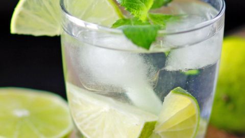 Ein Glas Selbstgemachte Limo steht auf einem Tisch, gefüllt mit Eis, Limettenscheiben und frischer Minze.