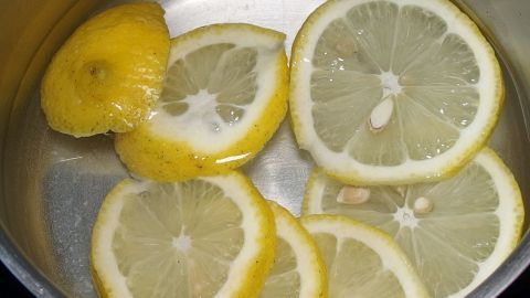 Frische Zitronenscheiben liegen in einem Topf mit Wasser, um eine natürliche Lösung gegen Blattläuse und Spinnmilben herzustellen.