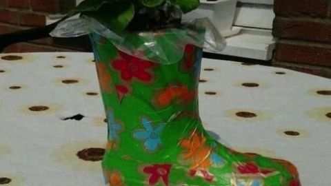Bunte Gummistiefel werden als Pflanzgefäß verwendet und stehen auf einem Tisch, umgeben von einer Fensteransicht.