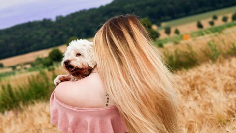 Eine Person mit langen Haaren hält einen kleinen Hund in einem goldenen Feld, umgeben von sanften Hügeln unter einem bewölkten Himmel.