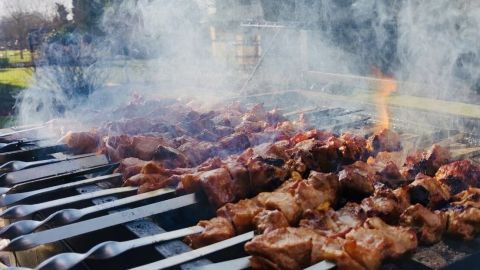 Saftige Schaschlik-Spieße garen über dem Grill in einer rauchigen, grünen Umgebung, bereit für ein Familienessen.
