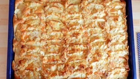 Ein Apfelkuchen liegt in einer Backform, goldbraun gebacken, umgeben von einer hellen Küchenoberfläche.