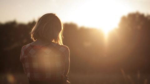 Eine Person steht nachdenklich im Sonnenuntergang auf einem Feld und schaut in Richtung Wald.