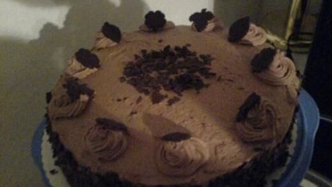 Eine Schokosahnetorte steht auf einem blauen Teller, dekoriert mit Sahnetupfen und Schokoladenstückchen in einem hellen Raum.