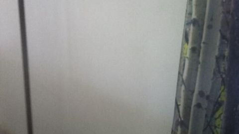 Eine saubere, weiß gestrichene Wand zeigt einen Fleck, möglicherweise von Rotwein, neben einem Vorhang und einem Stehlampe.