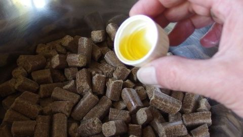 Eine Hand gießt Öl aus einem Plastikbecher über Hundefutterpellets in einer Metallschüssel.