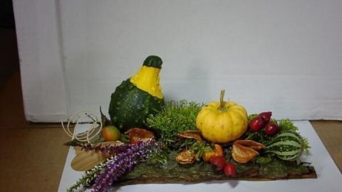 Bunte Kürbisse und Pflanzen dekorieren eine Holzplatte, um eine herbstliche Atmosphäre aus Wald und Garten zu schaffen.
