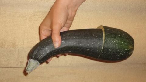 Eine Hand hält eine angeschnittene Zucchini, die farblich gläuft und in einer neutralen Umgebung präsentiert wird.