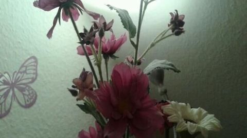 Kunstblumen stehen in einer Vase, erhellt von einer Wandlampe, neben einer Schmetterlingsdekoration an der Wand.
