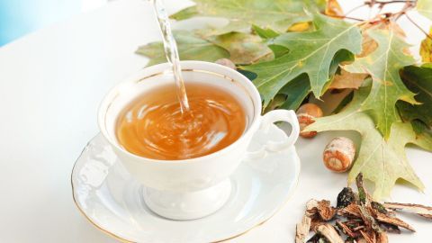 Eine Tasse Eichenrinden-Tee wird mit heißem Wasser gefüllt, umgeben von frischen Blättern und Eicheln auf einem Tisch.