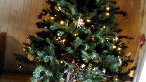 Ein dekorierter Weihnachtsbaum steht in einem Zimmer, umgeben von Holzscheiten. Lichter und Schmuck verschönern ihn.