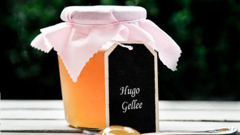 Ein Glas Hugo Gelee steht auf einem Tisch, umgeben von einer grünen Umgebung, mit einem Löffel daneben.