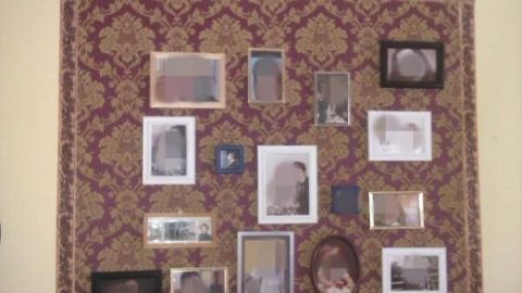 Bilderrahmen hängen auf gemusterter Tapete an der Wand, zeigen verschiedene Fotos; rechts unten steht eine Zimmerpflanze.