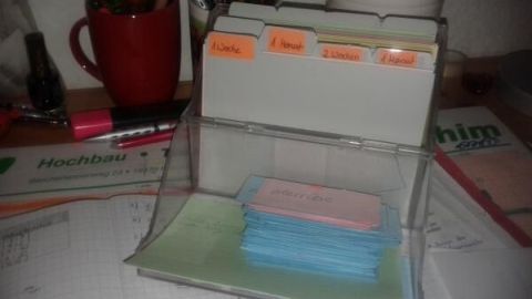 Ein Karteikartensystem auf einem Schreibtisch enthält Karten, die in Fächer nach Zeiten sortiert sind: 1 Woche, 1 Monat, 2 Wochen, 3 Monate.