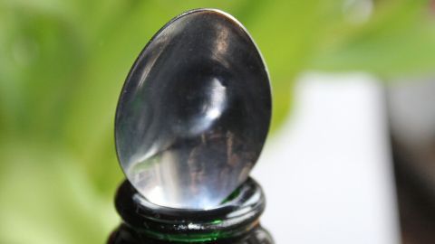 Ein Löffel steckt in der geöffneten Sektflasche, um die Kohlensäure zu erhalten, während grüne Blätter im Hintergrund zu sehen sind.