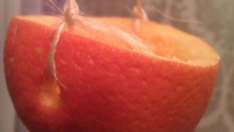 Ein halbiertes Orange hängt an einer Schnur, bereit, Vögel in einem Raum zu füttern. Der Hintergrund ist unscharf.