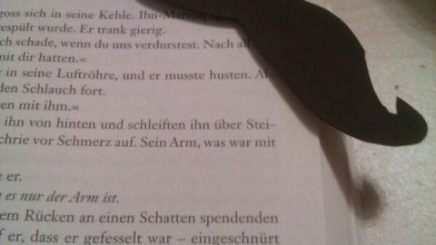 Ein schwarzes Mustache-Lesezeichen liegt auf einer offenen Buchseite, während es eine Passage im Text markiert.