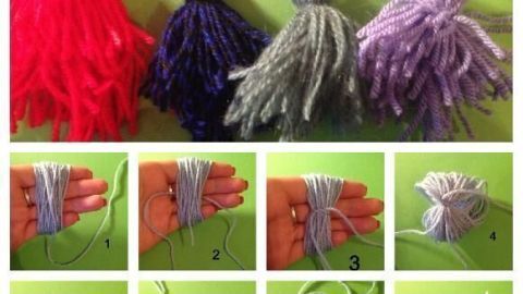 Wollgespenster in Rot, Blau, Grün und Lila hängen nebeneinander; unten zeigt ein Tutorial in acht Schritten ihre Herstellung.