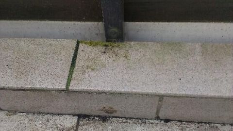 Balkonfliesen mit Moos und Schmutz bedeckt, neben einer Metallstrebe an einer Mauer; Reinigung erforderlich.