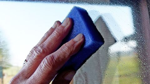 Eine Hand hält einen blauen Schwamm, der eine Fensterscheibe reinigt. Der Hintergrund ist unscharf und zeigt Natur.