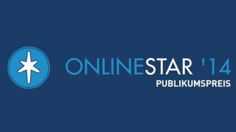 Ein blauer Hintergrund zeigt das Logo der OnlineStar-Awards 2014 mit dem Titel "ONLINESTAR '14 PUBLIKUMSPREIS".