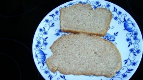 Zwei Scheiben Molkebrot liegen auf einem weißen, blau gemusterten Teller auf einem dunklen Untergrund; Datum: 15.03.2012 10:27.