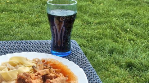 Ein Teller mit zartem, in Cola gekochtem Fleisch und Beilagen steht auf einem Tisch neben einem Glas Cola, umgeben von grünem Gras.