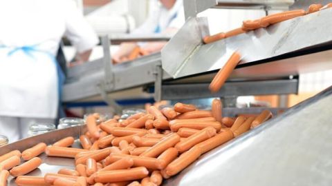 Würstchen rollen auf einem Förderband in einer Fabrik, während im Hintergrund Arbeiter in weißer Kleidung beschäftigt sind.