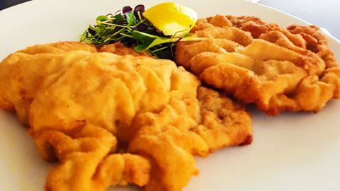 Zwei goldbraun ausgebackene Schnitzel liegen auf einem weißen Teller, umgeben von frischem Salat und einer Zitronenscheibe.