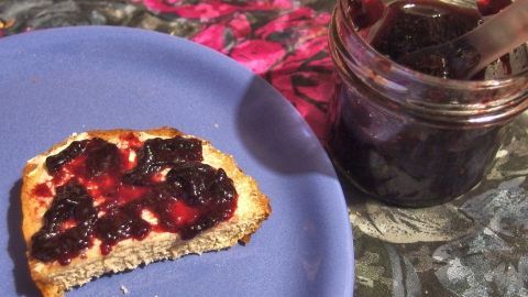 Ein Stück Brot liegt auf einem Teller und ist mit Marmelade bestrichen, während ein Glas Marmelade daneben steht.