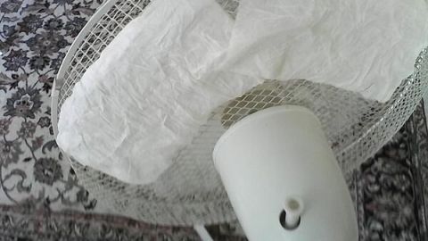 Ein Ventilator mit Papier liegt auf einem Teppich, um Duft in der Wohnung zu verbreiten. Keine zusätzlichen Beschriftungen sichtbar.