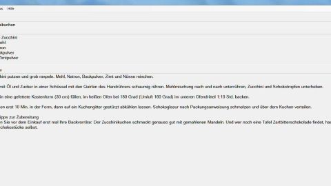 Eine Kochbuch-Anwendung für Windows zeigt Rezepte und Kochtipps in einem übersichtlichen Format an.