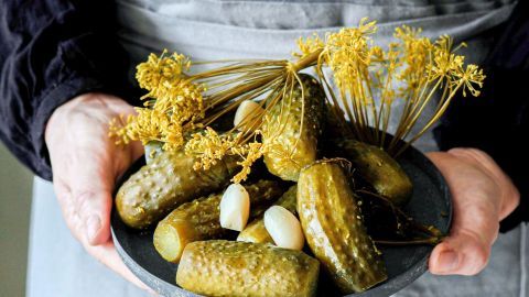 Ein Teller mit Currygurken und aromatischen Kräutern wird von einer Person in einem schlichten Umfeld gehalten.