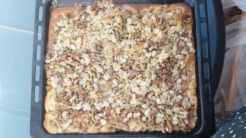 Ein Apfel-Mandel-Walnuss-Kuchen liegt auf einem Backblech und wartet darauf, in Stücke geschnitten und serviert zu werden.