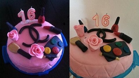 Runde Geburtstagstorte in Pink, dekoriert mit Lippenstiften und Pinsel, feiert den 16. Geburtstag.