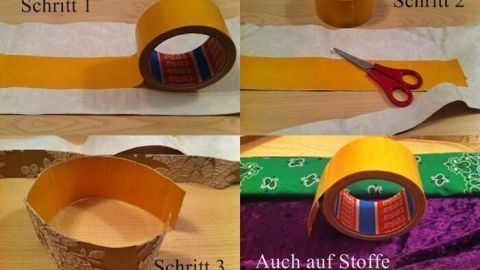 Bunte Deko- und Geschenkbänder werden in Schritt-für-Schritt-Anleitungen hergestellt, während Stoffe und Scheren bereitliegen. Auch auf Stoffe.