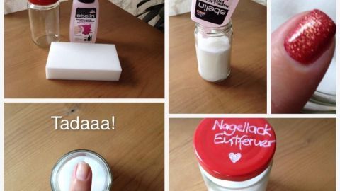 Ein Behälter mit Express Nagellackentferner wird präsentiert. Eine Hand zeigt auf einen kleinen, leeren Behälter.