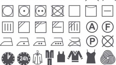 Waschezeichen zeigen Pflegehinweise für diverse Textilien; der Kontext sind verschiedene Symbole für Temperaturen und Pflege.